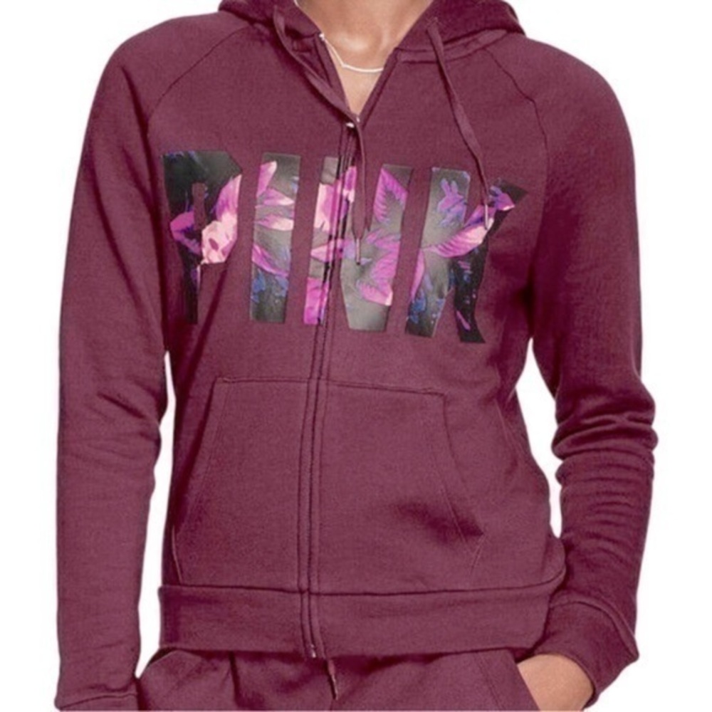PINK Victoria’s Secret Full Zip Hoodie Sweatshirt XS Maroon Tropical Print
